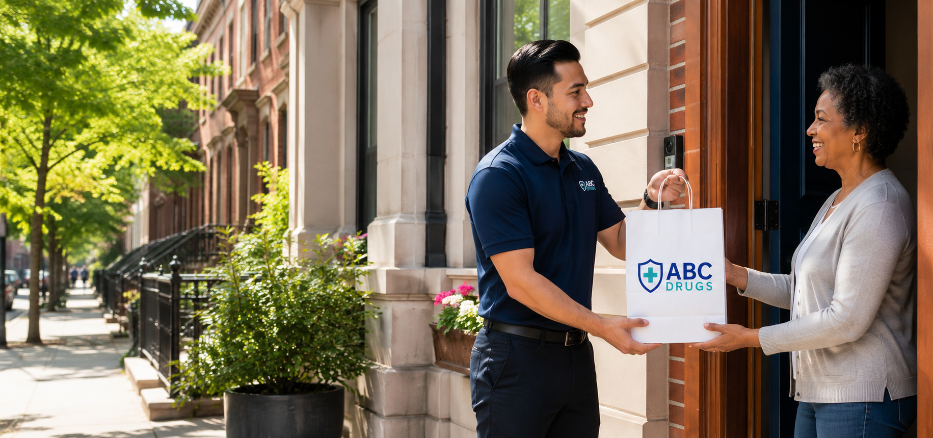 ABC Drugs delivery team member bringing prescription medication to a patient